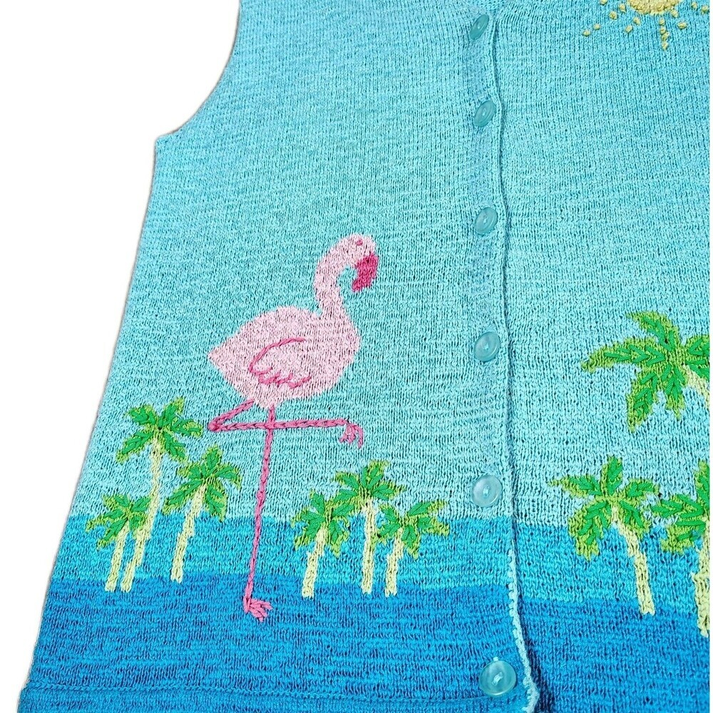 Vintage 90s Flamingo Palm Tree Knit Sweater Vest Womens Size M Tropical Beach - Picture 2 of 9